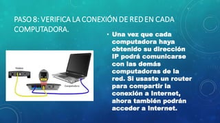 PASO 8: VERIFICA LA CONEXIÓN DE REDEN CADA
COMPUTADORA.
• Una vez que cada
computadora haya
obtenido su dirección
IP podrá comunicarse
con las demás
computadoras de la
red. Si usaste un router
para compartir la
conexión a Internet,
ahora también podrán
acceder a Internet.
 