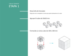 CUBO DE YOHIMOTO

ETAPA 1
                   Desarrollo de Concepto
                   Elegí junto con tu compañero un tema que quieras representar en tu cubo



                   Agrupar 8 cubos de 50x50 mm




                   Formando un único cubo de 100 x 100 mm
 