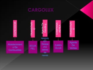 EXPEDIDOR
Abastecimient
o De
Combustible
TRANSITARI
O
ECUA
FEL
AgenteDe
Handling
MAWN
EY
Despa
cho
aéreo
de
naves
COMPANIA
AEREA
CARG
OLUX
TRANSITARI
O
Agente
De
Ventas
 