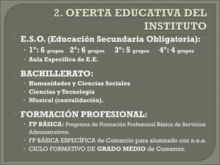  E.S.O. (Educación Secundaria Obligatoria):
• 1º: 6 grupos 2º: 6 grupos 3º: 5 grupos 4º: 4 grupos
• Aula Específica de E.E.
 BACHILLERATO:
• Humanidades y Ciencias Sociales
• Ciencias y Tecnología
• Musical (convalidación).
 FORMACIÓN PROFESIONAL:
• FP BÁSICA: Programa de Formación Profesional Básica de Servicios
Administrativos.
• FP BÁSICA ESPECÍFICA de Comercio para alumnado con n.e.e.
• CICLO FORMATIVO DE GRADO MEDIO de Comercio.
 