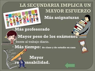 • Más asignaturas
• Más profesorado
• Mayor peso de los exámenes
frente al trabajo diario.
• Más tiempo: de clase y de estudio en casa
• Mayor
responsabilidad.
 