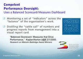 Competent
Performance Oversight:
Uses a Balanced Scorecard/Measures Dashboard
 Monitoring a set of “indicators” across th...