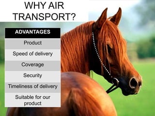 WHY AIR 
TRANSPORT? 
ADVANTAGES 
Product 
Speed of delivery 
Coverage 
Security 
Timeliness of delivery 
Suitable for our 
product 
 
