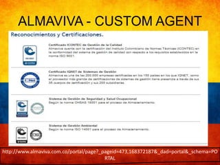 ALMAVIVA - CUSTOM AGENT 
http://www.almaviva.com.co/portal/page?_pageid=473,168372187&_dad=portal&_schema=PO 
RTAL 
 