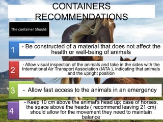 CONTAINERS 
RECOMMENDATIONS 
The container Should: 
1 
2 
3 
4 
- Be constructed of a material that does not affect the 
health or well-being of animals 
- Allow visual inspection of the animals and take in the sides with the 
International Air Transport Association (IATA ), indicating that animals 
and the upright position 
- Allow fast access to the animals in an emergency 
- Keep 10 cm above the animal's head up; case of horses, 
the space above the heads ( recommend leaving 21 cm) 
should allow for the movement they need to maintain 
balance 
 
