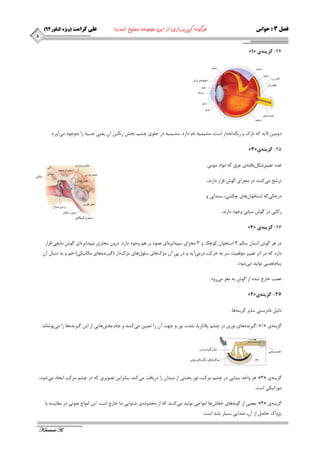 ) فصل 3 : حواس هرگونه کپی برداری از این مجموعه ممنوع است! علی کرامت )ویژه کنکور 49 
Keramat A. 
5 
- 
»1« 24 گسينه ي 
زٚ یٔ لایٝ وٝ ب٘ظن ٚ ض سٍ٘ا ٝ٘ زاض اؾت، كٔی یٕٝ ب٘ زاضز. كٔی یٕٝ زض ج ّٛ ی چك ،ٓ ثرف ض یٍ٘ آ یؼٙی ػٙجیٝ ضا ثٝ ٚجٛز یٔ آٚضز. 
- »3« 25 گسينه ي 
غسز تغییطقى یُبفتٝ ی ػطق وٝ ٛٔاز ٛٔ یٔ 
تطقح یٔ وٙٙس زض جٔطای ٌٛـ لطاض زاض س٘، 
زضحبیِ وٝ اؾترٛا ٖٞبی چىكی، ؾٙسا ی٘ ٚ 
ضوبثی زض ٌٛـ یٔب ی٘ ٚجٛز زاض س٘. 
- »4« 26 گسينه ي 
زض ٞط ٌٛـ ا ؿ٘ب ؾب 3 اؾترٛا وٛچه ٚ 3 جٔطای ی٘ زٓایطٜ ای ػ ٕٛز ثط ٞ ٚجٛز زاضز. زضٚ جٔبضی ی٘ زٓایطٜ ای ٌٛـ بٔیؼی لطاض 
زاضز وٝ زض اثط تغییط ٛٔلؼیت ؾط ثٝ حطوت زض یٔ آیس ٚ زض پی آ ػٔن ٞبی ؾ ّٛ َٞبی ػٔن زاض ) یٌط سٜ٘ ٞبی ىٔب ی٘ىی( ذ ٚ ثٝ ز ج٘ب آ پیب ػهجی تٛ یِس یٔ قٛز. 
ػهت ذبضج قسٜ اظ ٌٛـ ثٝ غٔع یٔ ضٚز. 
- »2« 22 گسينه ي 
ز یِ ب٘زضؾتی ؾبیط عٌیٙٝ ٞب : 
یٌط سٜ٘ ٞبی ٛ٘ضی زض چك پلا ب٘ضیب، قست ٛ٘ض ٚ جٟت آ ضا تؼیی یٔ وٙٙس ٚ جب ثرف ٞبیی اظ ای یٌط سٜ٘ ٞب ضا یٔ پٛقب س٘. : »1« عٌیٙٝ ی 
ٞط ٚاحس ثیٙبیی زض چك طٔوت، ٛ٘ض ثركی اظ یٔسا ضا زضیبفت یٔ وٙس، ثٙبثطای تهٛیطی وٝ زض چك طٔوت ایجبز یٔ قٛز، :»3« عٌیٙٝ ی 
ٛٔظائیىی اؾت. 
ثؼضی اظ ٌٛ ٝ٘ ٞبی ذفبـ ٞب ا ٛٔاجی تٛ یِس یٔ وٙٙس وٝ اظ حٔسٚزٜ ی قٙٛایی بٔ ذبضج اؾت. ای ا ٛٔاج نٛتی زض مٔبیؿٝ ثب :»4« عٌیٙٝ ی 
پػٚان حبن اظ آ ،ٖ نسایی ثؿیبض ث ّٙس اؾت. 
 