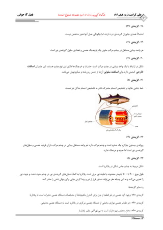 6 
علی کرامت )ویژه کنکور 49 ( هرگونه کپی برداری از این مجموعه ممنوع است! فصل 3: حواس 
Keramat A. 
- »3« 28 گسينه ي 
احت بٕلاً ٞ ٕٝ ی جب ٛ٘ضا یٌط سٜ٘ ی زضز زاض س٘، ا بٔ چ ٍٛ یٍ٘ ػ آ ٟ٘ب ٞٙٛظ كٔرم ی٘ؿت. 
- »4« 29 گسينه ي 
ٞط ٚاحس ثیٙبییِ ؿٔتم زض چك طٔوت حبٚی یه لط ی٘ٝ،یه ػسؾی ٚ تؼسازی ؾ ّٛ یٌط سٜ٘ ی ٛ٘ض اؾت. 
- »4« 31 گسينه ي 
قى زض اضتجبط ثب یه ٚاحس ثیٙبیی زض چك طٔوت اؾت. حكطات ٚ ذطچٙ ًٞب زاضای ای ٛ٘ع چك ٞؿتٙس. ای جب ٛ٘ضا اسکلت 
خارجي ویتیٙی زاض س٘ ٚ یِ اسکلت سلولي آ ٖٞب اظ جٙؽ ضیعضقتٝ ٚ یٔىطٚتٛثٛ یٔ ثبقس. 
- »1« 31 گسينه ي 
ذظ جب ج٘ی ػلاٜٚ ثط تكریم اجؿب تٔحطن، لبزض ثٝ تكریم اجؿب ؾبو ی٘ع ٞؿت. 
- »2« 32 گسينه ي 
پطٚا ٝ٘ ی ثیؿتٛ ثتٛلاضیب یه حكطٜ اؾت ٚ چك طٔوت زاضز. ٞط ٚاحس ؿٔتم ثیٙبیی زض چك طٔوت زاضای لط ی٘ٝ، ػسؾی ٚ ؾ ّٛ َٞبی 
یٌط سٜ٘ ی ٛ٘ض اؾت ا بٔ ػٙجیٝ ٚ طٔز هٔ س٘اضز. 
- »1« 33 گسينه ي 
قى طٔثٛط ثٝ چك جب یٔ قى زض پلا ب٘ضیب اؾت. 
عٛ ٛٔج 411 تب 711 ب٘ ٛ٘ تٔط، حٔسٚزٜ یب عیف ٛ٘ض طٔئی اؾت. پلا ب٘ضیب ثٝ و هٕ ؾ ّٛ َٞبی یٌط سٜ٘ ی ٛ٘ض زض چك ذٛز، قست ٚ جٟت ٛ٘ض 
ضا تؼیی یٔ وٙس ٚ ثٝ ای ٚؾی ّٝ غٔع یٔ تٛا س٘ زؾتٛض فطاض اظ ٛ٘ض ٚ پیسا وطز جبیی ثطای پٟٙب قس ضا نبزض وٙس. 
ضز ؾبیط عٌیٙٝ ٞب: 
ٚجٛز طٌٜ ػهجی زض ٞط لغؼٝ اظ ثس ثطای وٙتط بٔٞیچٝ ٞب اظ كٔرهبت زؾت بٍٜ ػهجی حكطات اؾت ٝ٘ پلا ب٘ضیب. : »2« عٌیٙٝ ی 
زٚ عٙبة ػهجی ٛٔاظی، ثركی اظ زؾت بٍٜ ػهجی طٔوعی زض پلا ب٘ضیب اؾت ٝ٘ زؾت بٍٜ ػهجی حٔیغی. : »3« عٌیٙٝ ی 
ر٘بع رٔتم ٟٔطٜ زاضا اؾت ٝ٘ ثی ٟٔط بٌ ی٘ ظ٘یط پلا ب٘ضیب. : »4« عٌیٙٝ ی 
 