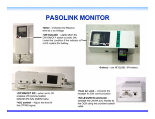 PASOLINK MONITOR
                        •Meter – Indicates the Receive
                        level as a dc voltage
                        •OW Indicator – Lights when the
                        OW-ON/OFF switch is set to ON.
                        Under this condition if the indicator is
                        not lit replace the battery.




                                                                               •Battery – use 6F22(UB) / 9V battery




                                                            •Head set Jack – connects the
•OW ON/OFF SW – when set to ON                              headset for OW communication
enables OW communication
between the IDU and the ODU.                                •RX LEV/OW IN connector –
                                                            connect the OW/RX Lev monitor to
•VOL control – Adjust the level of                          the ODU using the provided coaxial
the OW RX signal.                                           cable
 