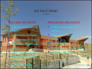 BILINGÜISMOBILINGÜISMO
(1º ESO)(1º ESO)
SECCIÓN BILINGÜE
 5 Horas semanales de 
Inglés
 C. Sociales en inglés
 C. Naturales en inglés
 Educación Plástica en 
inglés
 Tecnología en inglés
 Educación Física en 
inglés
 Tutoría en inglés
PROGRAMA BILINGÜE
 5 Horas semanales de 
Inglés
 Educación Plástica en 
inglés??
 Tecnología??
 Educación Física en inglés
 Tutoría en inglés
 