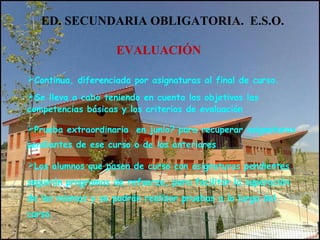 ED. SECUNDARIA OBLIGATORIA. E.S.O.
EVALUACIÓN
Continua, diferenciada por asignaturas al final de curso.
Se lleva a cabo teniendo en cuenta los objetivos las
competencias básicas y los criterios de evaluación
Prueba extraordinaria en junio? para recuperar asignaturas
pendientes de ese curso o de los anteriores
Los alumnos que pasen de curso con asignaturas pendientes
seguirán programas de refuerzo, para facilitar la superación
de las mismas y se podrán realizar pruebas a lo largo del
curso.
 