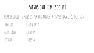 PAÏSOS QUE HEM ESCOLLIT
HEM ESCOLLIT 6 PAÏSOS PER FER AQUESTA INVESTIGACIÓ, QUE SÓN:
-MARROC -REGNA UNIT
-AUSTRÀLIA -CANADA
-ITÀLIA -RÚSSIA
 