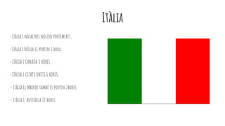 Itàlia
-Itàlia i nosaltres no ens portem res.
-Itàlia i Rússia es porten 1 hora.
-ITÀLIA I CANADA 8 HORES.
-ITÀLIA I ESTATS UNITS 6 HORES.
- Itàlia El Marroc també es porten 2hores.
- Itàlia I Austràlia 12 hores.
 