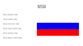 russia
-Rússia i nosaltres 1 hora
-Rússia i Canada 5 hores
-Rússia i Estats units 7 hores
-Rússia i Itàlia es porten 1 hora
-Rússia i Austràlia 7 hora
-Rússia i Marroc es porten 3hores
 