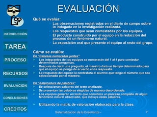 EVALUACIÓN Qué se evalúa: Las observaciones registradas en el diario de campo sobre lo indagado en la investigación realizada. Las respuestas que sean contestadas por los equipos.  El producto construido por el equipo en la redacción del proceso de un fenómeno natural. La exposición oral que presente el equipo al resto del grupo. Cómo se evalúa: En “Cabezas numeradas juntas” Los integrantes de los equipos se numerarán del 1 al 4 para contestar determinadas preguntas. Después de decir una pregunta, el maestro dará un tiempo determinado para que el equipo se ponga de acuerdo en la respuesta. La respuesta del equipo la contestará el alumno que tenga el número que sea seleccionado por el maestro. En “Salpicadura de palabras” Se seleccionan palabras del texto analizado. Se presentan las palabras elegidas de manera desordenada. Los equipos generan un texto que considera un proceso completo de algún fenómeno natural observado, que incluya éstas palabras. Utilizando la matriz de valoración elaborada para la clase.   INTRODUCCIÓN TAREA PROCESO RECURSOS EVALUACIÓN CRÉDITOS CONCLUSIONES 