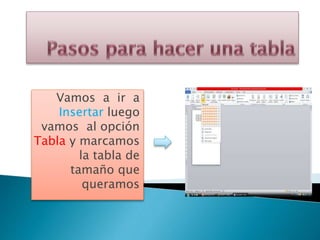 Vamos a ir a
Insertar luego
vamos al opción
Tabla y marcamos
la tabla de
tamaño que
queramos
 