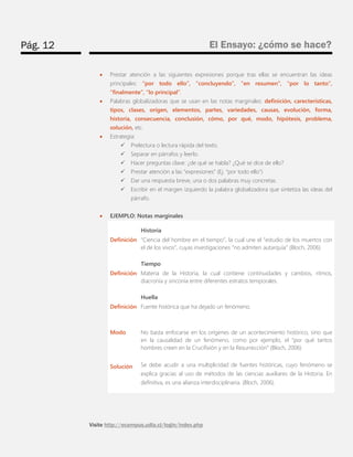 Pág. 12 
El Ensayo: ¿cómo se hace? 
Visite http://ecampus.udla.cl/login/index.php 
 Prestar atención a las siguientes expresiones porque tras ellas se encuentran las ideas principales: “por todo ello”, “concluyendo”, “en resumen”, “por lo tanto”, “finalmente”, “lo principal”. 
 Palabras globalizadoras que se usan en las notas marginales: definición, carecterísticas, tipos, clases, origen, elementos, partes, variedades, causas, evolución, forma, historia, consecuencia, conclusión, cómo, por qué, modo, hipótesis, problema, solución, etc. 
 Estrategia: 
 Prelectura o lectura rápida del texto. 
 Separar en párrafos y leerlo. 
 Hacer preguntas clave: ¿de qué se habla? ¿Qué se dice de ello? 
 Prestar atención a las “expresiones” (Ej. “por todo ello”) 
 Dar una respuesta breve, una o dos palabras muy concretas. 
 Escribir en el margen izquierdo la palabra globalizadora que sintetiza las ideas del párrafo. 
 EJEMPLO: Notas marginales Historia Definición “Ciencia del hombre en el tiempo”, la cual une el “estudio de los muertos con el de los vivos”, cuyas investigaciones “no admiten autarquía” (Bloch, 2006) Tiempo Definición Materia de la Historia, la cual contiene continuidades y cambios, ritmos, diacronía y sinconía entre diferentes estratos temporales. Huella Definición Fuente histórica que ha dejado un fenómeno. Modo No basta enfocarse en los orígenes de un acontecimiento histórico, sino que en la causalidad de un fenómeno, como por ejemplo, el “por qué tantos hombres creen en la Crucifixión y en la Resurrección” (Bloch, 2006) Solución Se debe acudir a una multiplicidad de fuentes históricas, cuyo fenómeno se explica gracias al uso de métodos de las ciencias auxiliares de la Historia. En definitiva, es una alianza interdisciplinaria. (Bloch, 2006).  