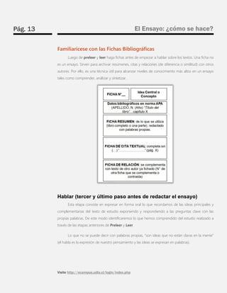 Pág. 13 
El Ensayo: ¿cómo se hace? 
Visite http://ecampus.udla.cl/login/index.php 
Familiarícese con las Fichas Bibliográficas 
Luego de preleer y leer haga fichas antes de empezar a hablar sobre los textos. Una ficha no es un ensayo. Sirven para archivar resúmenes, citas y relaciones (de diferencia o similitud) con otros autores. Por ello, es una técnica útil para alcanzar niveles de conocimiento más altos en un ensayo tales como comprender, análizar y síntetizar. 
Hablar (tercer y último paso antes de redactar el ensayo) 
Esta etapa consiste en expresar en forma oral lo que recordamos de las ideas principales y complementarias del texto de estudio exponiendo y respondiendo a las preguntas clave con las propias palabras. De este modo identificaremos lo que hemos comprendido del estudio realizado a través de las etapas anteriores de Preleer y Leer. 
Lo que no se puede decir con palabras propias, “son ideas que no están claras en la mente” (el habla es la expresión de nuestro pensamiento y las ideas se expresan en palabras). 
 