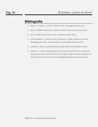 Pág. 30 
El Ensayo: ¿cómo se hace? 
Visite http://ecampus.udla.cl/login/index.php 
Bibliografía 
 Blaxter, L., Hughes, C., & Tight, M. (2010). Cómo se investiga. Barcelona: Graó. 
 Bloch, M. (2006). Introducción a la Historia. México: Fondo de Cultura Económica. 
 Eco, H. (2006). Cómo se hace una tesis. Barcelona, España: Gedisa. 
 García Huidobro, C., Gutiérrez, M., & Condemarín, E. (2000). A estudiar se aprende. Metodología de estudio. . Santiago: Ediciones Universidad Católica de Chile. 
 Koselleck, R. (2001). Estratos del tiempo: estudios sobre historia. Barcelona: Paidós. 
 Murillo, J. (s. f.). Recomendaciones para crear un ensayo Normas APA. (l. o. Centro de Apoyo para la lectura, Ed.) Retrieved from sitio Web Colegio de Estudios Superiores de Administración: www.cesa.edu.co/el-cesa/pdfs/pdf-pagina/normas-apa_web.aspx 
