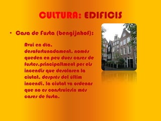 CULTURA: EDIFICIS
• Casa de Fusta (bengijnhof):
     Avui en día,
     desafurtunadament, només
     queden en peu dues cases de
     fustes,principaltment per els
     incendis que desolaren la
     ciutat, després del últim
     incendi, la ciutat va ordenar
     que no es construiesin més
     cases de fusta.
 