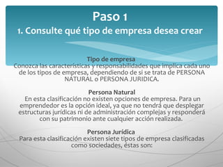 Tipo de empresa  Conozca las características y responsabilidades que implica cada uno de los tipos de empresa, dependiendo de si se trata de PERSONA NATURAL o PERSONA JURIDICA. Persona Natural  En esta clasificación no existen opciones de empresa. Para un emprendedor es la opción ideal, ya que no tendrá que desplegar estructuras jurídicas ni de administración complejas y responderá con su patrimonio ante cualquier acción realizada.  Persona Jurídica  Para esta clasificación existen siete tipos de empresa clasificadas como sociedades, éstas son: Paso 1 1. Consulte qué tipo de empresa desea crear 