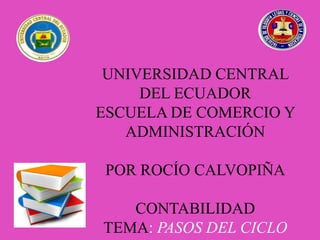 UNIVERSIDAD CENTRAL
     DEL ECUADOR
ESCUELA DE COMERCIO Y
   ADMINISTRACIÓN

 POR ROCÍO CALVOPIÑA

   CONTABILIDAD
TEMA: PASOS DEL CICLO
 