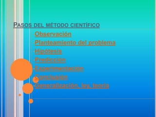 PASOS DEL MÉTODO CIENTÍFICO
•Observación
•Planteamiento del problema
•Hipótesis
•Predicción
•Experimentación
•Conclusión
•Generalización, ley, teoría
 