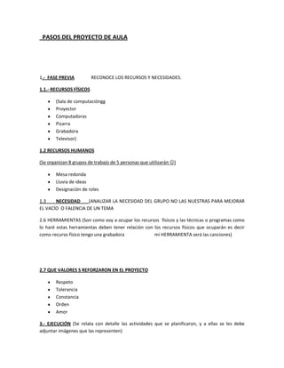 PASOS DEL PROYECTO DE AULA<br />1.- FASE PREVIA RECONOCE LOS RECURSOS Y NECESIDADES.<br />1.1.- RECURSOS FÍSICOS <br />(Sala de computacióngg
