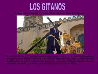 Santuario de los gitanos – Jesús lleva su cruz al Monte Calvario
Se representa con una posición erguida y esbelta que le otorga un importante dramatismo a
esta figura de «er Manué», como se le denomina a este Señor en Sevilla. El rostro expresa
mansedumbre en la leve inclinación de su cabeza; su cabellera, tallada a grandes mechas
onduladas, se ajusta a las sienes mediente una gruesa corona de espina.
 