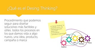 ¿Qué es el Desing Thinking?
Procedimiento que podemos
seguir para diseñar
soluciones más factibles y
útiles. todos los procesos en
los que damos vida a algo
nuevo, una idea, producto,
campaña o marca
 