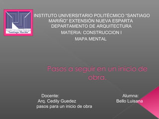 Docente: Alumna:
Arq. Cedily Guedez Bello Luisana
pasos para un inicio de obra
INSTITUTO UNIVERSITARIO POLITÉCMICO “SANTIAGO
MARIÑO” EXTENSIÓN NUEVA ESPARTA
DEPARTAMENTO DE ARQUITECTURA
MATERIA: CONSTRUCCION I
MAPA MENTAL
 