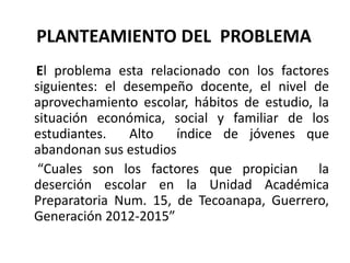 PLANTEAMIENTO DEL PROBLEMA
El problema esta relacionado con los factores
siguientes: el desempeño docente, el nivel de
aprovechamiento escolar, hábitos de estudio, la
situación económica, social y familiar de los
estudiantes. Alto índice de jóvenes que
abandonan sus estudios
“Cuales son los factores que propician la
deserción escolar en la Unidad Académica
Preparatoria Num. 15, de Tecoanapa, Guerrero,
Generación 2012-2015”
 