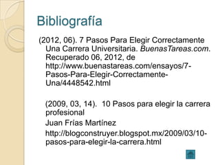Bibliografía
(2012, 06). 7 Pasos Para Elegir Correctamente
  Una Carrera Universitaria. BuenasTareas.com.
  Recuperado 06, 2012, de
  http://www.buenastareas.com/ensayos/7-
  Pasos-Para-Elegir-Correctamente-
  Una/4448542.html

 (2009, 03, 14). 10 Pasos para elegir la carrera
 profesional
 Juan Frías Martínez
 http://blogconstruyer.blogspot.mx/2009/03/10-
 pasos-para-elegir-la-carrera.html
 