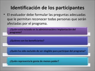 Identificación de los participantes
• El evaluador debe formular las preguntas adecuadas
  que le permitan reconocer todas personas que serán
  afectadas por el programa.
 