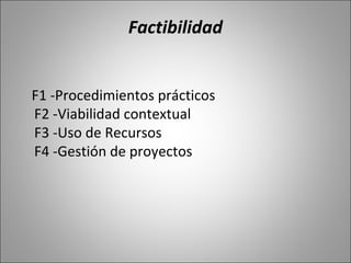Factibilidad


F1 -Procedimientos prácticos
F2 -Viabilidad contextual
F3 -Uso de Recursos
F4 -Gestión de proyectos
 