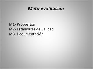 Meta evaluación


M1- Propósitos
M2- Estándares de Calidad
M3- Documentación
 
