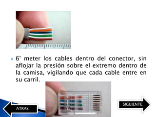    6° meter los cables dentro del conector, sin
    aflojar la presión sobre el extremo dentro de
    la camisa, vigilando que cada cable entre en
    su carril.



                                        SIGUIENTE
    ATRAS
 