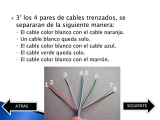    3° los 4 pares de cables trenzados, se
    separaran de la siguiente manera:
    ◦   El cable color blanco con el cable naranja.
    ◦   Un cable blanco queda solo.
    ◦   El cable color blanco con el cable azul.
    ◦   El cable verde queda solo.
    ◦   El cable color blanco con el marrón.




    ATRAS                                             SIGUIENTE
 
