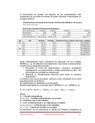 A continuación se pueden ver algunas de las características más
importantes de las series de tiempo de estas industrias mencionadas en
la página anterior:




Estas características hacen interesante la aplicación de los modelos
ARIMA (p, i, q). El software le da tratamiento a las series no estacionarias
a través de las siguientes acciones:
    1. Encuentra el nivel de diferenciación necesaria empleando
       repetidamente la prueba KPSS a niveles apropiados de alfa. Así
       el promedio se convierte en estacionario.
    2. Aplicando la transformación Box-Cox para hacer la varianza
       estacionaria.
Lo anterior hace que el promedio, varianza y auto correlación de la serie
sea estacionaria en el tiempo.
El modelo básico lo detallamos a continuación:
Modelo Autorregresivo y promedio móvil: ARIMA (p, 0, q) = ARMA (p, q)

Yt =   Yt-1 +   Yt-2 +…..+ p Yt-p +  t e t-1 -  et-2 -…..+q e t-q

Donde:
Yt = Variable independiente.
Yt-1 Yt-2 Yt-p = Variables independientes con retrasos.
coeficientes que serán estimados.
 t = error residual aleatorio y no explicado por el modelo
    q = coeficientes que serán estimados.
 t-1 , … e t-q = valores previos del error residual.
La estimación de los parámetros la realiza CB Predictor empleando el

Luis Francisco Zaldívar              l.zaldivar@modelacionderiesgos.com                  3
 