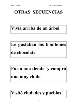 MERCÉ VIANA TALLER DEL CUENTO
28
OTRAS SECUENCIAS
Vivía arriba de un árbol
Le gustaban los bombones
de chocolate
Fue a una tienda y compró
uno muy chulo
Visitó ciudades y pueblos
 