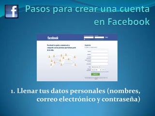 Pasos para crear una cuenta en Facebook 1. Llenar tus datos personales (nombres, correo electrónico y contraseña) 