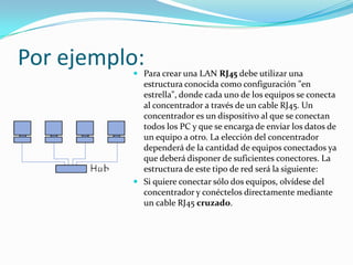 Por ejemplo:Para crear una LAN RJ45 debe utilizar una estructura conocida como configuración "en estrella", donde cada uno de los equipos se conecta al concentrador a través de un cable RJ45. Un concentrador es un dispositivo al que se conectan todos los PC y que se encarga de enviar los datos de un equipo a otro. La elección del concentrador dependerá de la cantidad de equipos conectados ya que deberá disponer de suficientes conectores. La estructura de este tipo de red será la siguiente: Si quiere conectar sólo dos equipos, olvídese del concentrador y conéctelos directamente mediante un cable RJ45 cruzado. 