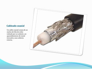 Cableado coaxialUn cable coaxial consta de un núcleo de hilo de cobre rodeado por un aislante, un apantallamiento de metal trenzado y una cubierta externa.