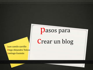 pasos para
crear un blog
Juan camilo carrillo
Diego Alejandro Tolosa
Santiago Guzmán
 