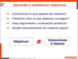 Saber establecer y conseguir objetivos - Página | 17 | 178
www.incrementis.es
¿Conocemos lo que esperan de nosotros?
¿Tenemos claro lo que debemos conseguir?
¿Hay seguimiento y evaluación periódica?
¿Existe reconocimiento de nuestros logros?
Aprende a establecer objetivos
≠Objetivos Intenciones
ó deseos
 