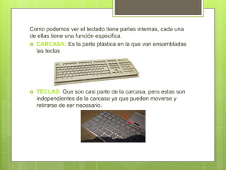 Como podemos ver el teclado tiene partes internas, cada una
de ellas tiene una función especifica.
 CARCASA: Es la parte plástica en la que van ensambladas
las teclas



TECLAS: Que son casi parte de la carcasa, pero estas son
independientes de la carcasa ya que pueden moverse y
retirarse de ser necesario.

 