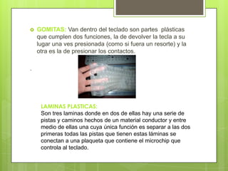 

GOMITAS: Van dentro del teclado son partes plásticas
que cumplen dos funciones, la de devolver la tecla a su
lugar una ves presionada (como si fuera un resorte) y la
otra es la de presionar los contactos.

.

LAMINAS PLASTICAS:
Son tres laminas donde en dos de ellas hay una serie de
pistas y caminos hechos de un material conductor y entre
medio de ellas una cuya única función es separar a las dos
primeras todas las pistas que tienen estas láminas se
conectan a una plaqueta que contiene el microchip que
controla al teclado.

 