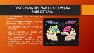 3. DETERMINAR EL EJE DE LA
CAMPAÑA:
Buscar o beneficio básico o ventaja
diferencial, tres factores:
• Las características del servicio en
sí mismo.
• Las necesidades y deseos del
público al que va dirigido
• La publicidad que hacen
organizaciones similares a la
nuestra(para no usar la misma
ventaja diferencial de ninguna de
ellas).
PASOS PARA DISEÑAR UNA CAMPAÑA
PUBLICITARIA
 