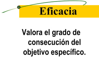 Eficacia
Valora el grado de
 consecución del
objetivo específico.
 