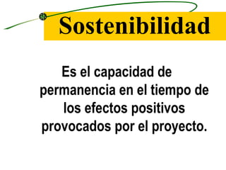 Sostenibilidad
   Es el capacidad de
permanencia en el tiempo de
   los efectos positivos
provocados por el proyecto.
 