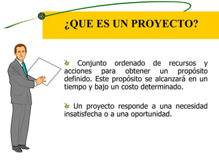 ¿QUE ES UN PROYECTO?


    Conjunto ordenado de recursos y
acciones para obtener un propósito
definido. Este propósito se alcanzará en un
tiempo y bajo un costo determinado.

   Un proyecto responde a una necesidad
insatisfecha o a una oportunidad.
 